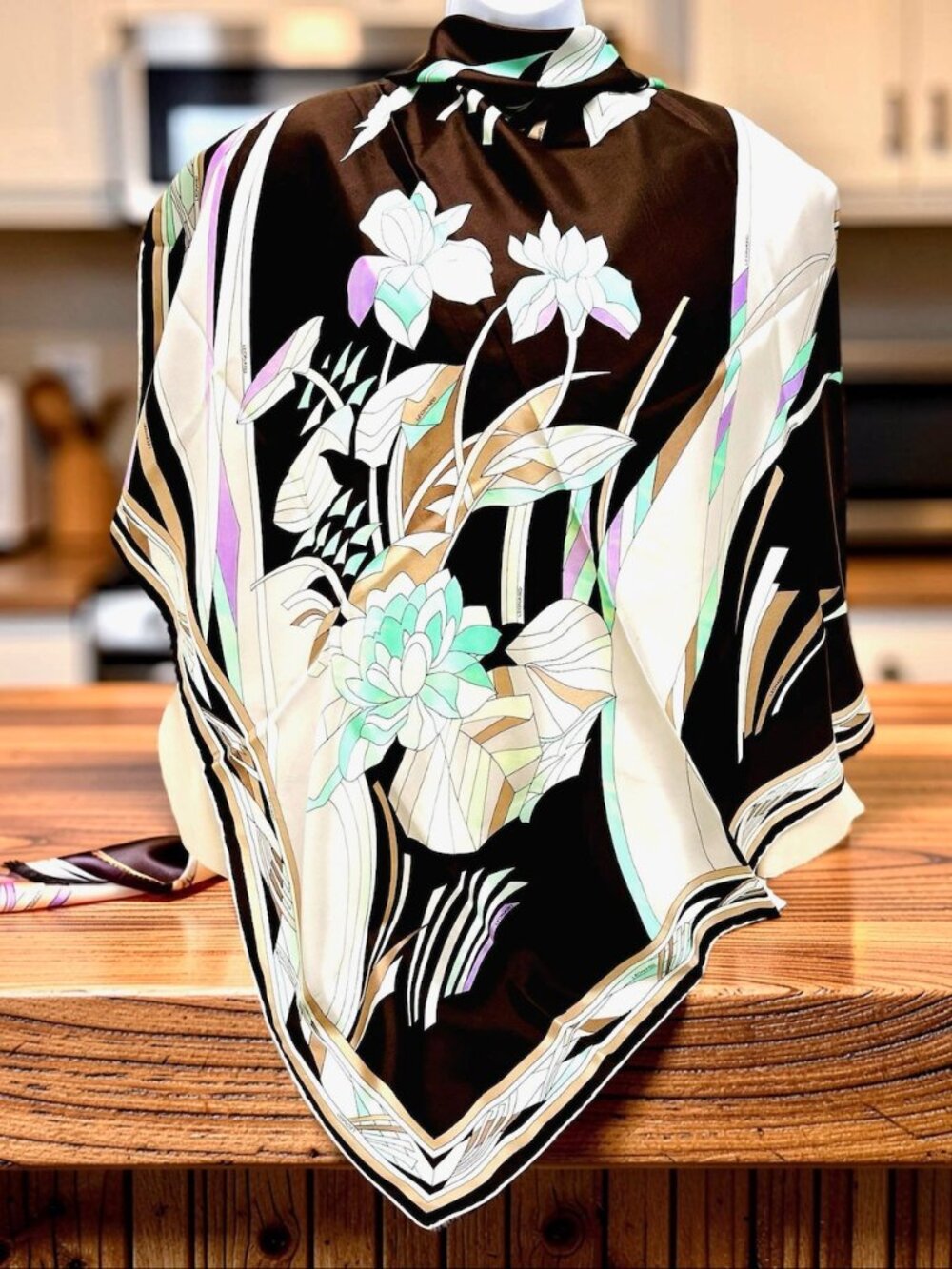 Leonard Paris 100% Silk Scarf 35" brown gray beige pink purple green floral  (80